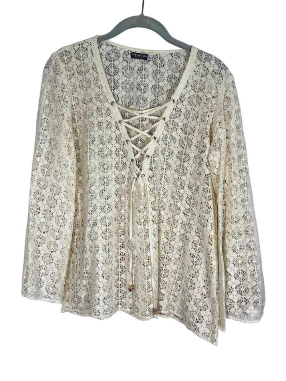 Neutral Boho Lace Up Crochet Top M Indie Folk Festival Summer Beach Cottage
